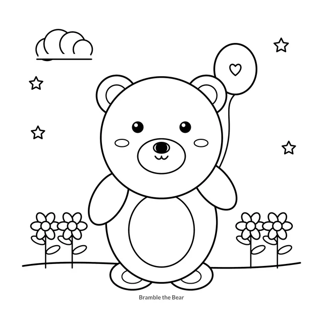Colouring book style sample 1: a cute cartoon animal drawn in black outline
